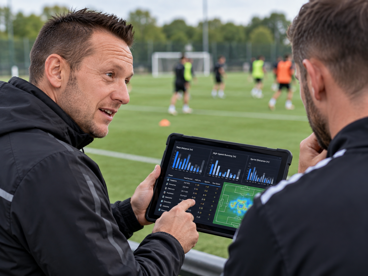 John Chisholm discussing GPS data with a coach at pitchside
