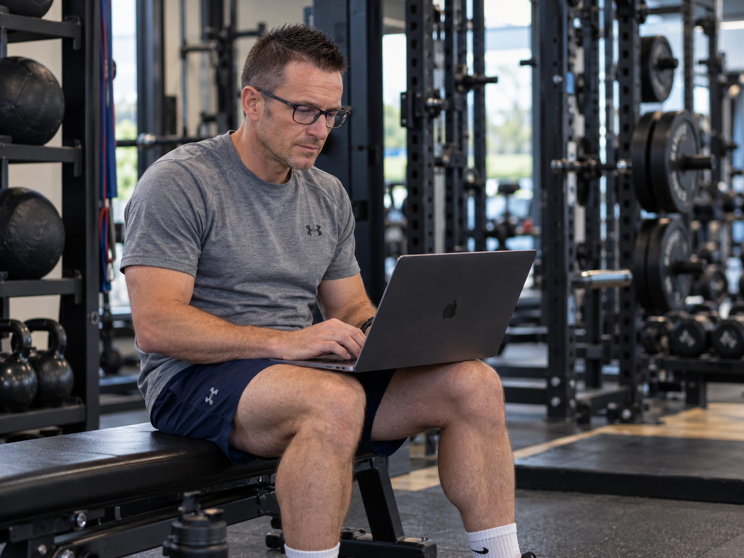 John Chisholm working at a laptop in a gym